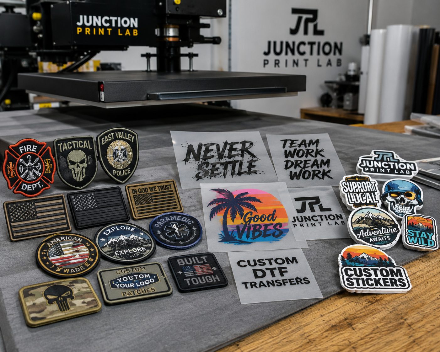 Embroidered and PVC patches, DTF transfers and die-cut stickers laid out on a press table in front of a Junction Print Lab heat press